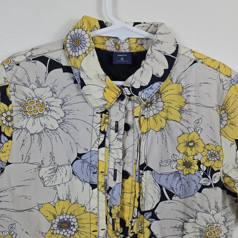 Gap Kids Girls Yellow Gray Floral Short Sleeve Button Shirt Dress‎ Medium Preppy